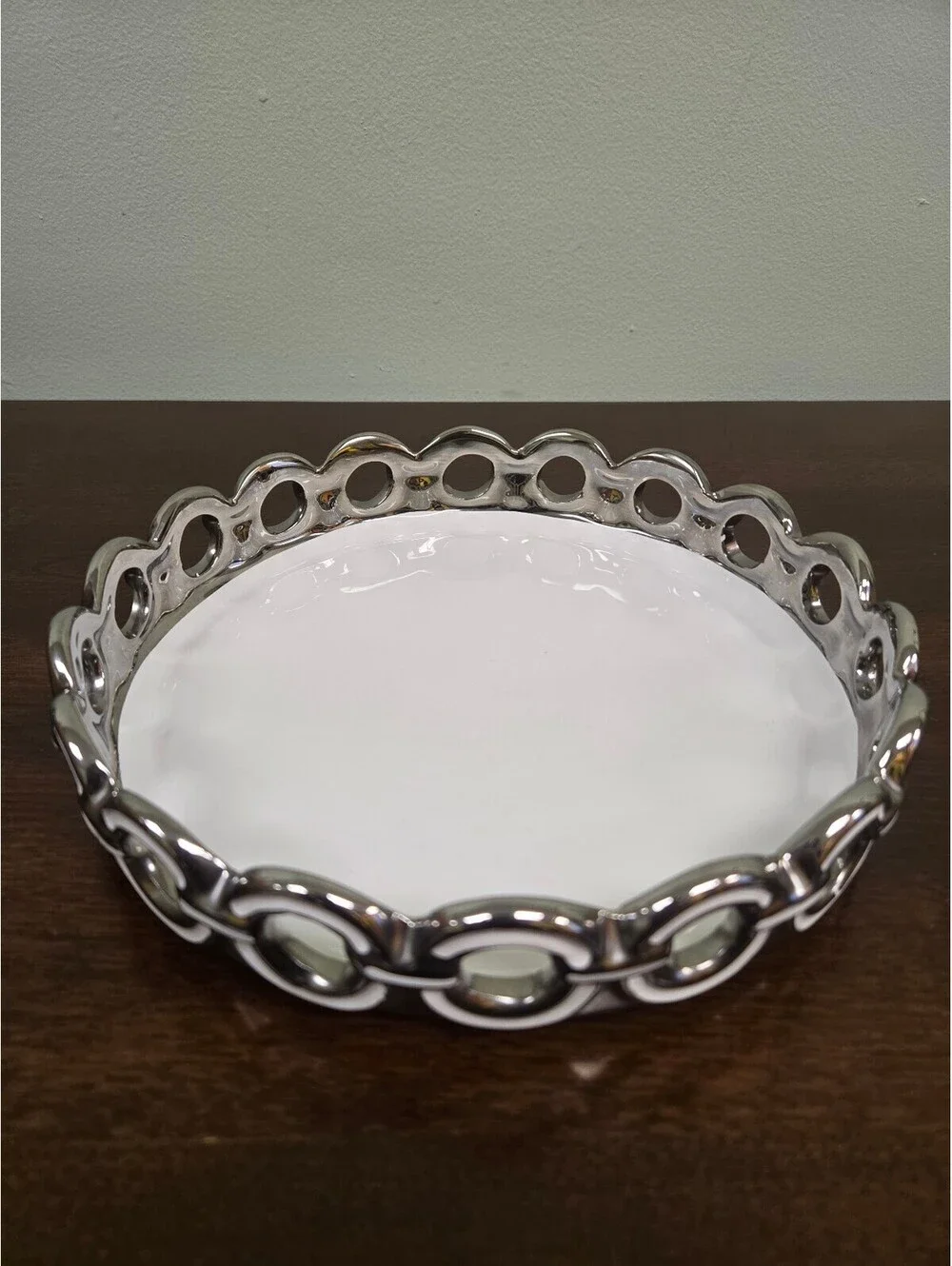 Cookin’ Up White Ceramic Silver Tone Openwork Serving Bowl Centerpiece